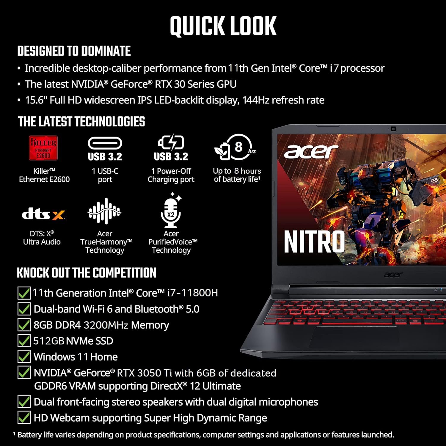 Acer Nitro 5 AN515-58-525P Gaming Laptop |Core i5-12500H | NVIDIA GeForce RTX 3050 Laptop GPU | 15.6 FHD 144Hz IPS Display | 8GB DDR4 | 512GB PCIe Gen 4 SSD | Killer Wi-Fi 6 | Backlit Keyboard, Black