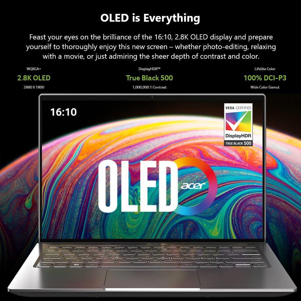 Acer Swift 3 OLED Intel Evo Thin  Light Laptop | 14 OLED 2880x1800 | Intel Core i5-12500H | Intel Iris Xe Graphics | 8GB LPDDR5 | 512GB SSD | Killer Wi-Fi 6E AX1675 | Windows 11 Home | SF314-71-51NN