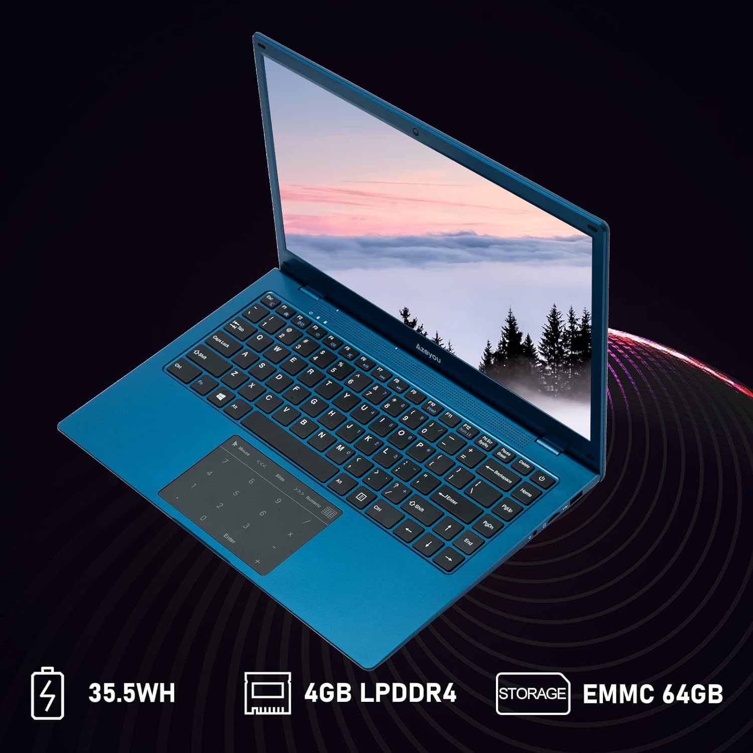 Azeyou Newest 14.1 Thin Light Business Student Laptop Computer, up to 2.8GHz Celeron N4020 Processor, 4GB DDR4 RAM, 64GB Storage, 2MP Webcam, WiFi, Bluetooth, Windows 11 Laptop Blue