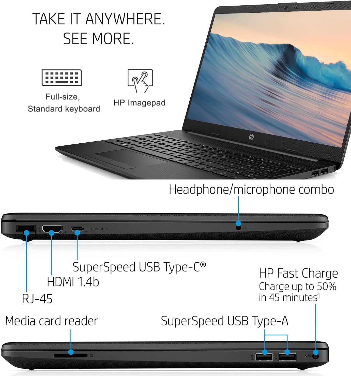 HP 15.6 Laptop with Intel 4-core CPU, 15.6 HD LED Display, Intel Quad-core Processor, Bluetooth and Wi-Fi, HDMI, Long Battery Life, Windows 11 Home in S Mode(16GB RAM | 1TB SSD)