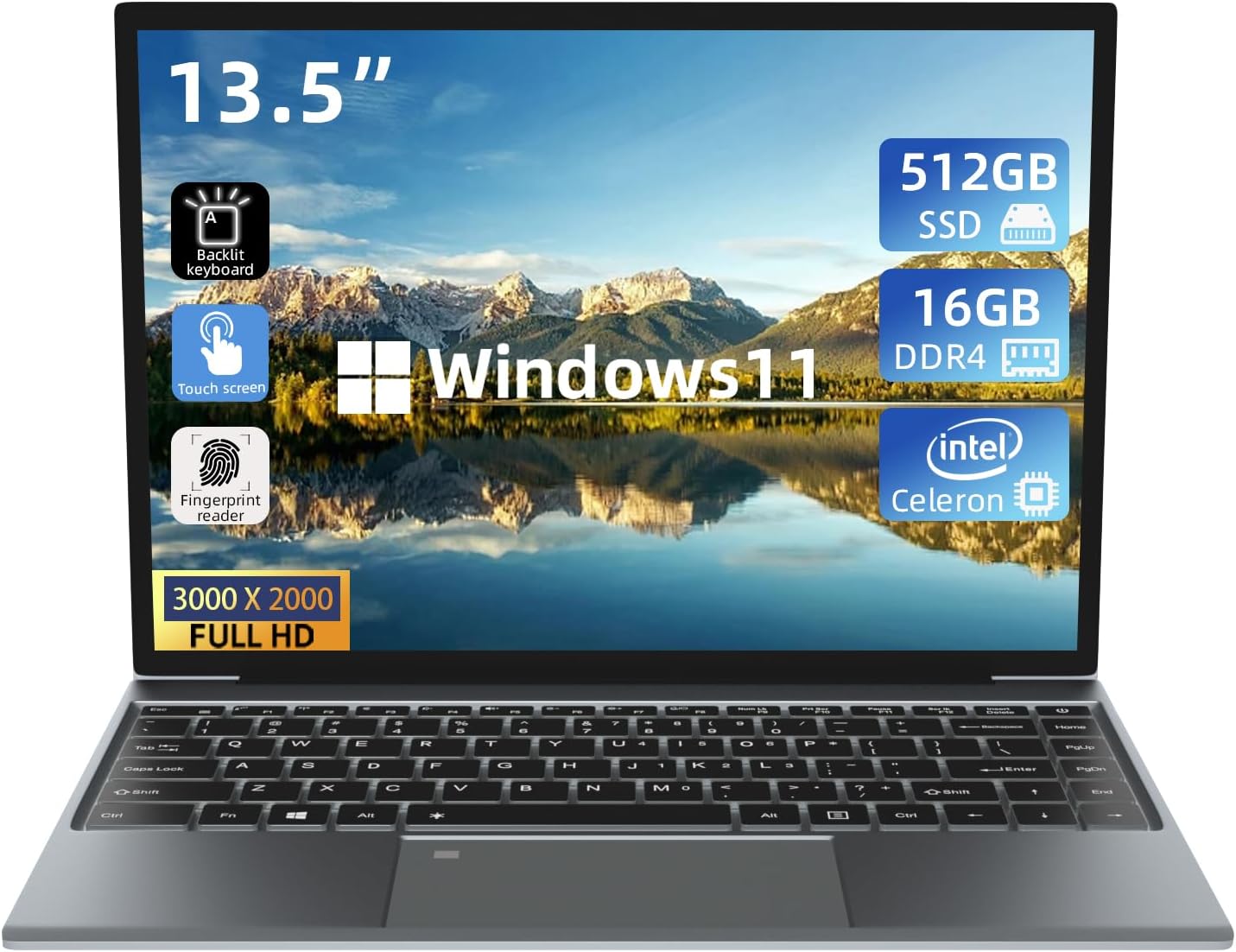 Morostron 13.5 Touch Screen Laptop, Windows 11 Laptop Computer with Intel N5095, 16GB RAM 512GB SSD, 3000x2000 FHD, Backlit Keyboard, Touch ID, WIFI, USB3.0*2, Bluetooth 4.2, HDMI, 38WH Battery, Gray