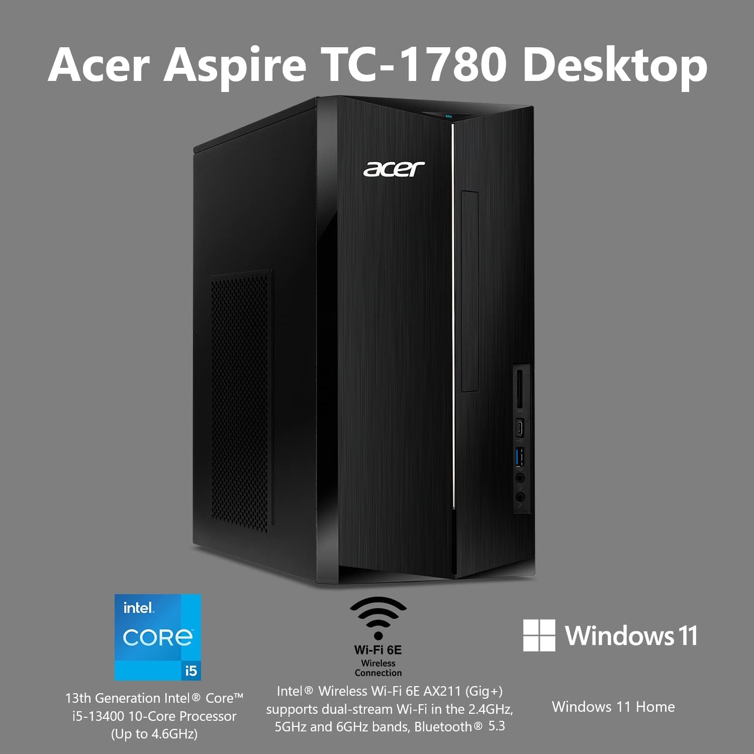 Acer Aspire TC-1785-UA92 Desktop | Intel Core i5-14400 10-Core Processor | 8GB DDR5-5600 Memory | 512GB PCIe 4.0 NVMe SSD | SD Card Reader | Wi-Fi 6E | Windows 11 Home