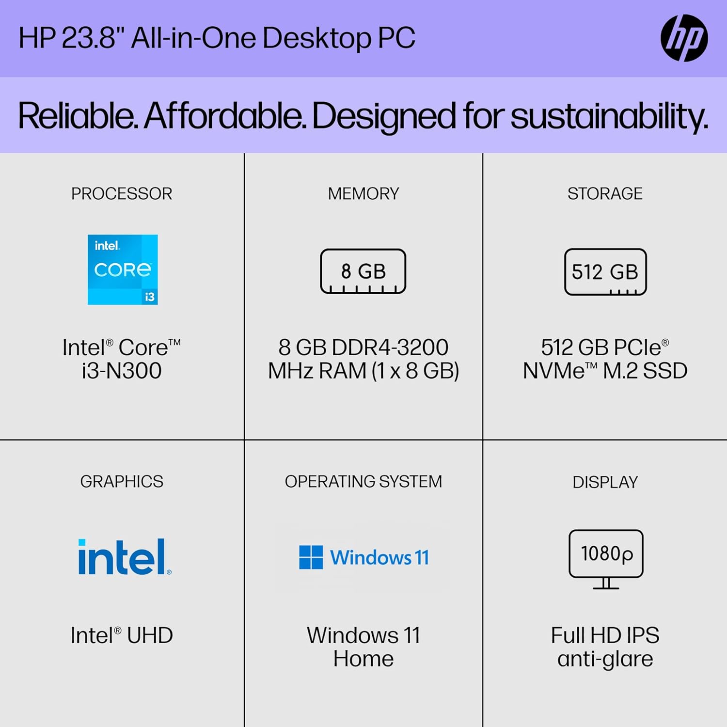 HP 23.8 inch All-in-One Desktop PC, FHD Display, Intel Core i3-N300, 8 GB RAM, 512 GB SSD, Intel UHD Graphics, Windows 11 Home, 24-cr0042 (2023)