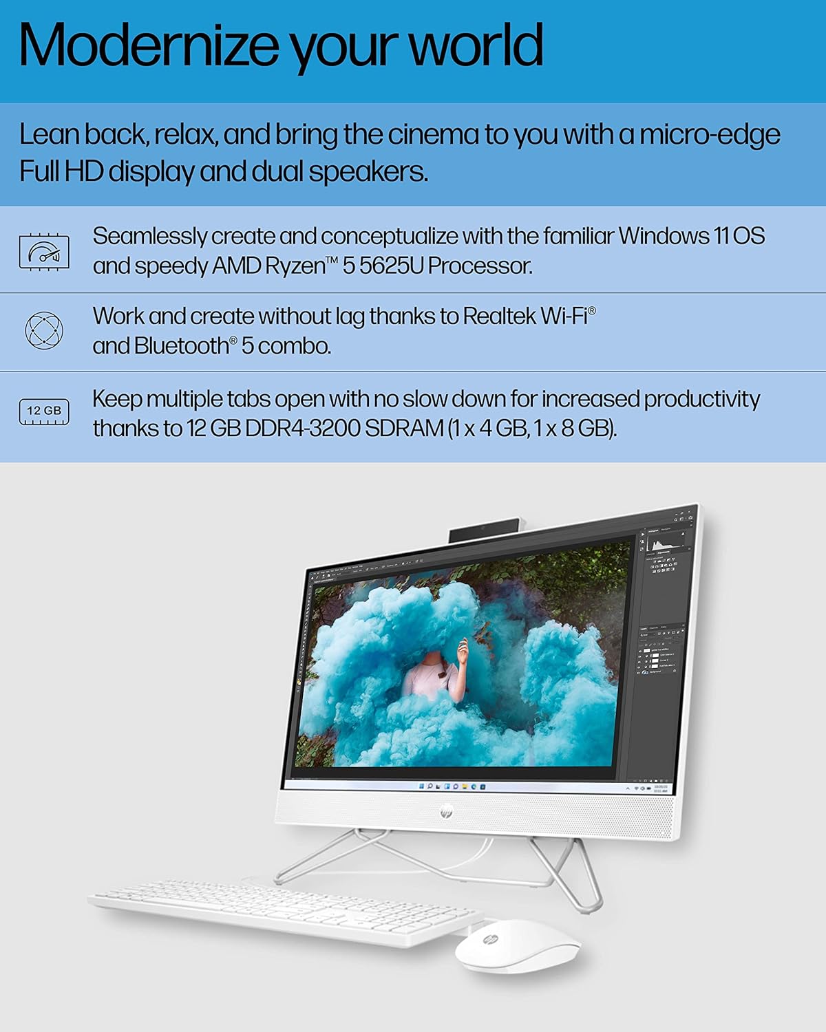 HP 24 All-in-One Desktop, AMD Athlon Silver 3050U Processor, AMD Radeon Graphics, 8 GB RAM, 256 GB SSD, Windows 11 Home (24-dd0210, Snow white)