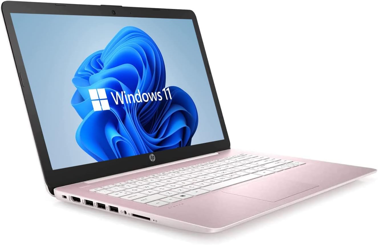 HP Newest 14 HD Laptop, Windows 11, Intel Celeron Dual-Core Processor Up to 2.60GHz, 4GB RAM, 64GB SSD, Webcam, Dale Pink(Renewed) (Dale Pink)