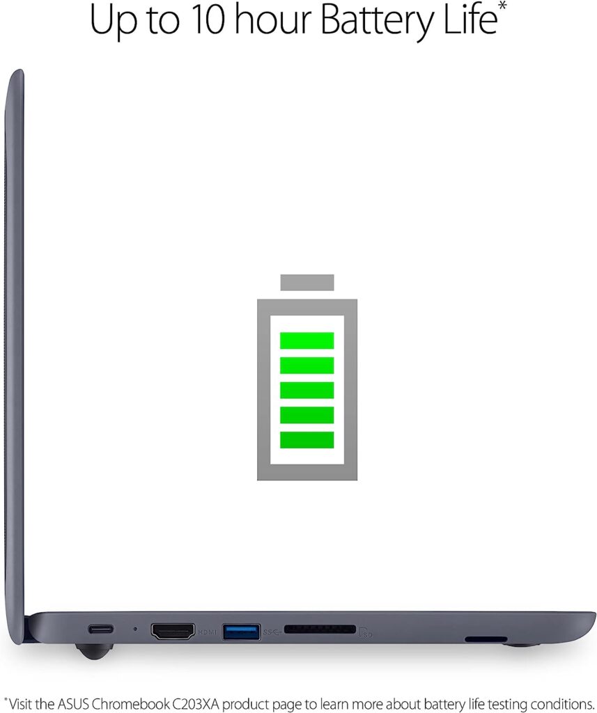 ASUS Chromebook C203XA Rugged  Spill Resistant Laptop, 11.6 HD, 180 Degree, MediaTek Quad-Core Processor, 4GB RAM, 32GB eMMC, MIL-STD 810G Durability, Dark Grey, Education, Chrome OS, C203XA-YS02-GR