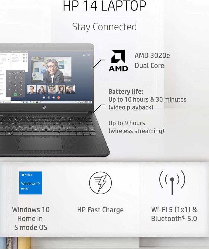 HP 14 Laptop, AMD 3020e, 4 GB RAM, 64 GB eMMC Storage, 14-inch HD Display, Windows 10 Home in S Mode, Long Battery Life, Microsoft 365, (14-fq0020nr, 2020)