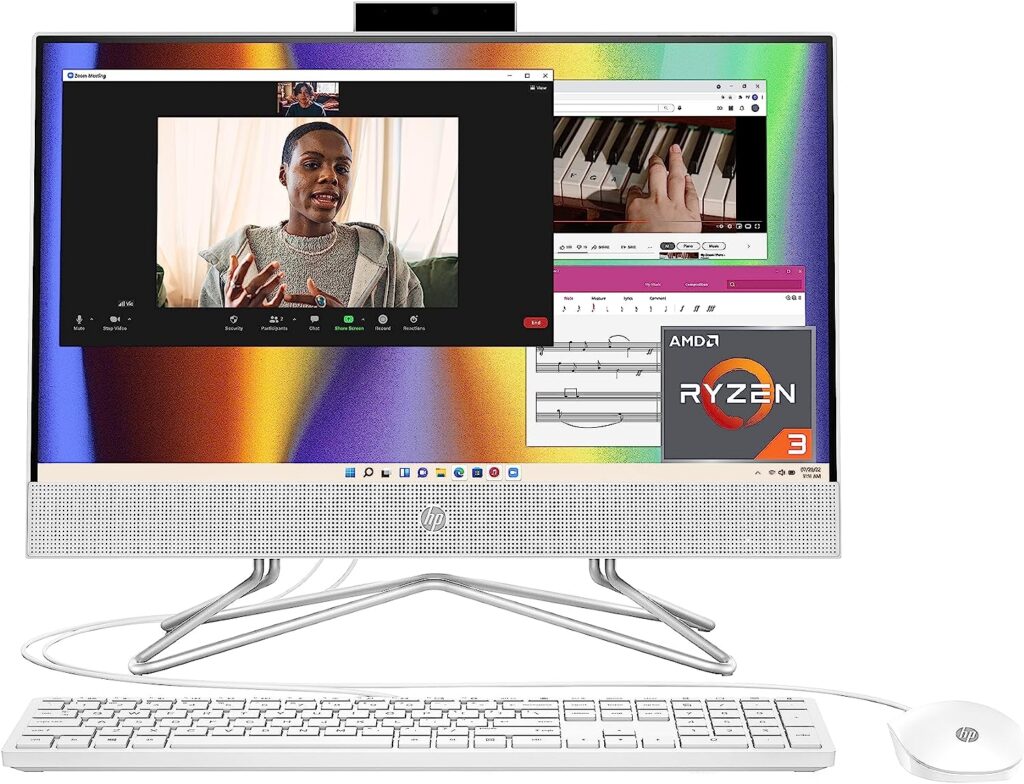 HP All-in-One PC Desk Computer, 21.5 Full HD Micro-Edge Display, AMD Ryzen 3 Processor, AMD Radeon Graphics, 8 GB SDRAM, 256 GB SSD, Windows11 Home OS, MU-MIMO, Bluetooth, and Wi-Fi (22-dd0032, 2022)