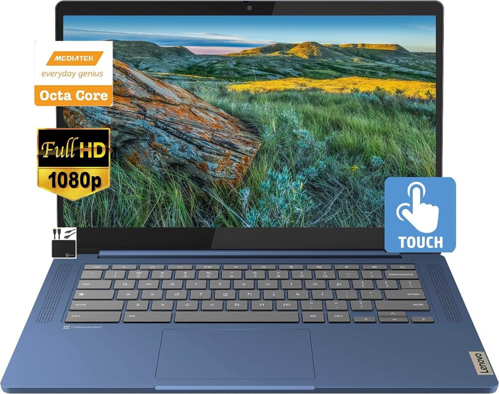 Lenovo 2023 Newest 14 FHD Touchscreen Slim 3 Chromebook Laptop Business Student, 8-Core MediaTek Kompanio 520 Processor, 4GB RAM, 64GB eMMC, WiFi 6,Webcam, 13+ Hours Battery, Chrome OS+MarxsolCables