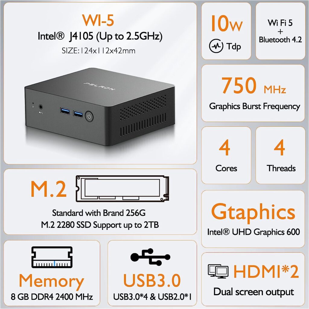 PELADN WI-5 Mini PC Windows 11 Pro Intel J4105 (Up to 2.5GHz), 8GB DDR4 256GB SSD Mini Computer Small Desktop PC, 4K HD, BT4.0, Dual HDMI Ports, 2.4G/5G WiFi, Gigabit Ethernet Support