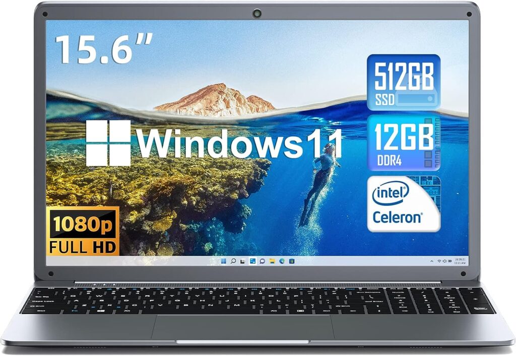 SGIN Laptop 12GB RAM 512GB SSD 15.6 inch Laptops Windows 11 Celeron N5095 4-Core Processor(Up to 2.9GHz), FHD 1920x1080 Computer with CPU Fan, Dual WiFi, Bluetooth 4.2, 512GB TF Card Expansion (Gray)