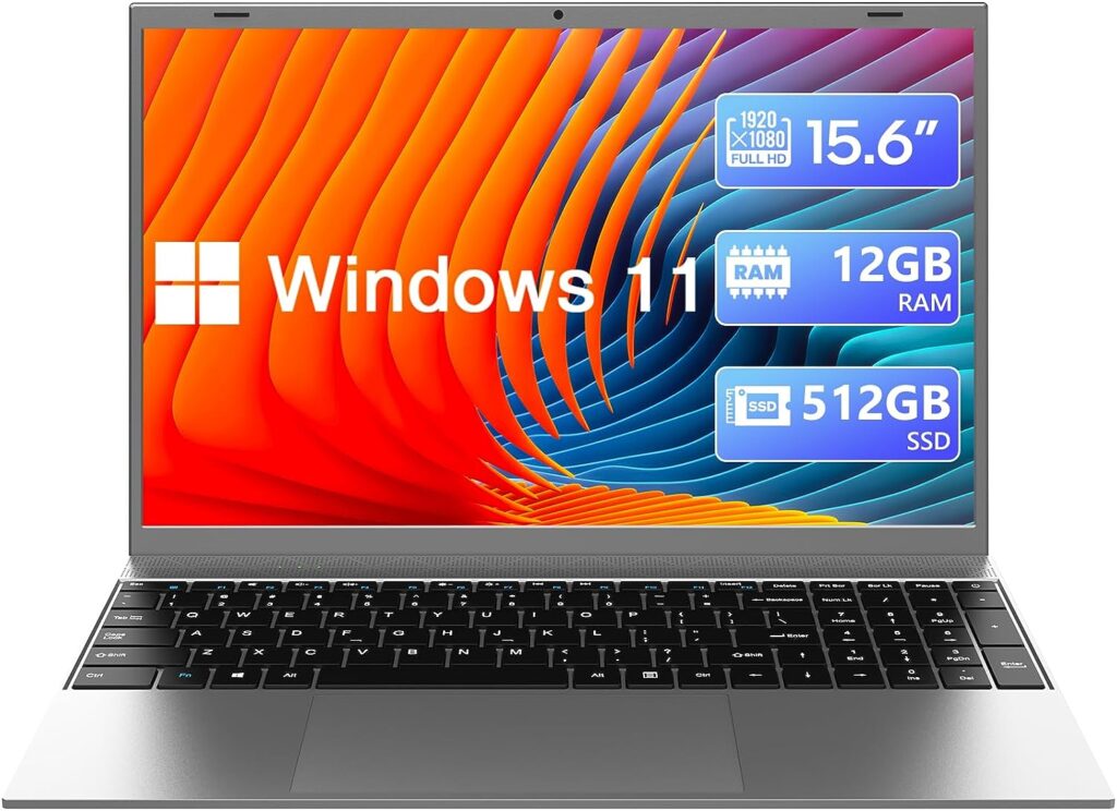 WIPEMIK Laptop Computer, 15.6 Inch 12GB RAM 512GB SSD Intel Quad-Core N4120 Windows 11 Laptop, 1080P Full HD IPS Display, 2.4/5G WiFi, Bluetooth 4.2, USB 3.0, Webcam, Expandable Up to 1TB