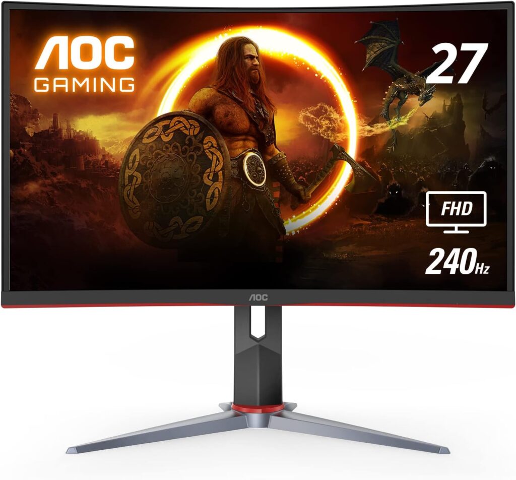 AOC C27G2Z 27 Curved Frameless Ultra-Fast Gaming Monitor, FHD 1080p, 0.5ms 240Hz, FreeSync, HDMI/DP/VGA, Height Adjustable, 3-Year Zero Dead Pixel Guarantee, Black, Xbox PS5 Switch