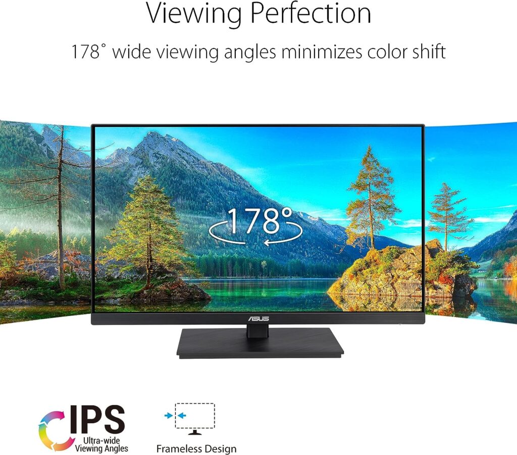 ASUS 27” 1080P Monitor (VA27EQSB) - Full HD, IPS, 75Hz, Adaptive-Sync, Speakers, Eye Care, Low Blue Light, Flicker Free, DisplayPort, HDMI, USB Hub, D-Sub, Frameless, Wall Mountable, Height Adjustable