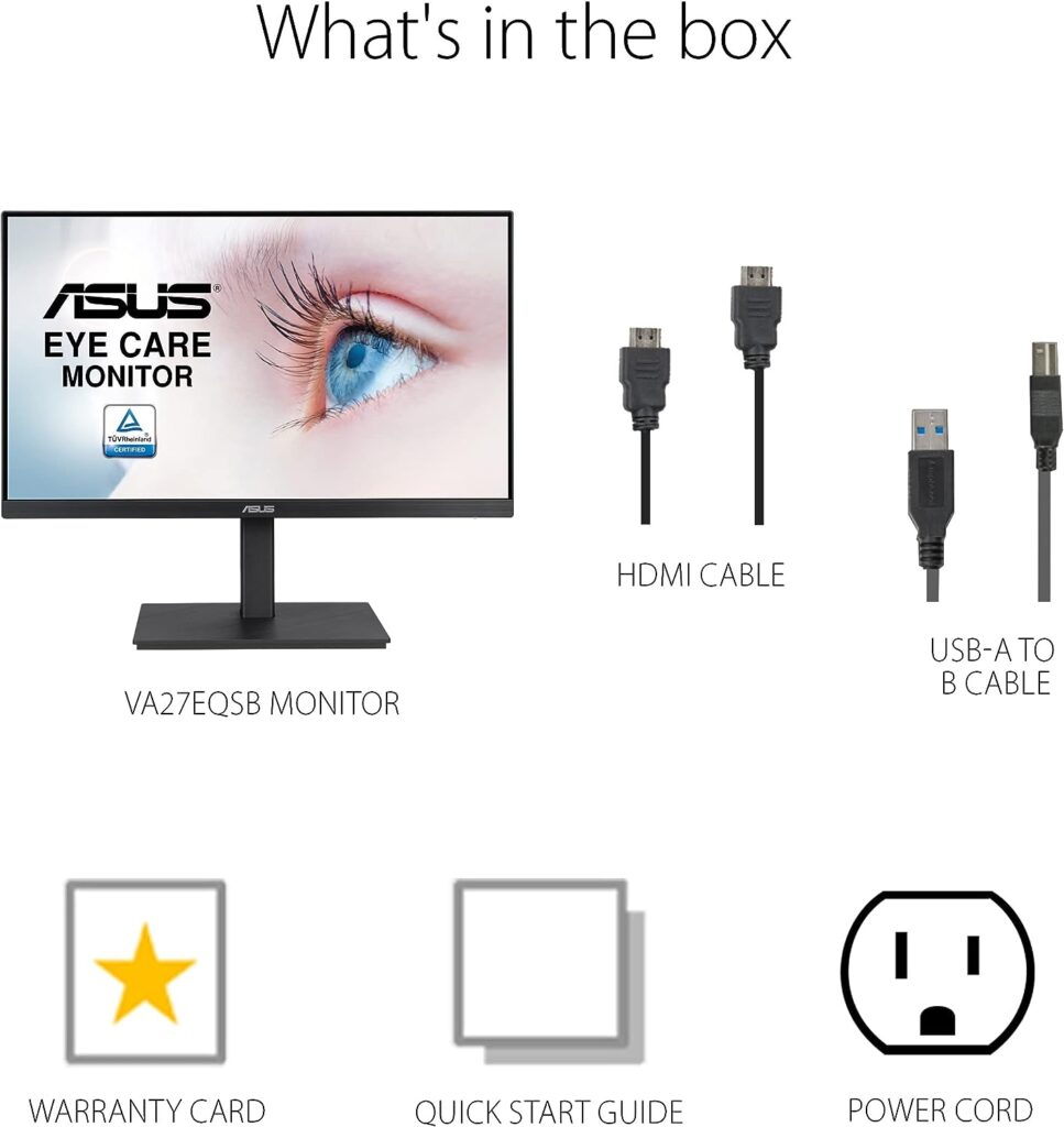 ASUS 27” 1080P Monitor (VA27EQSB) - Full HD, IPS, 75Hz, Adaptive-Sync, Speakers, Eye Care, Low Blue Light, Flicker Free, DisplayPort, HDMI, USB Hub, D-Sub, Frameless, Wall Mountable, Height Adjustable