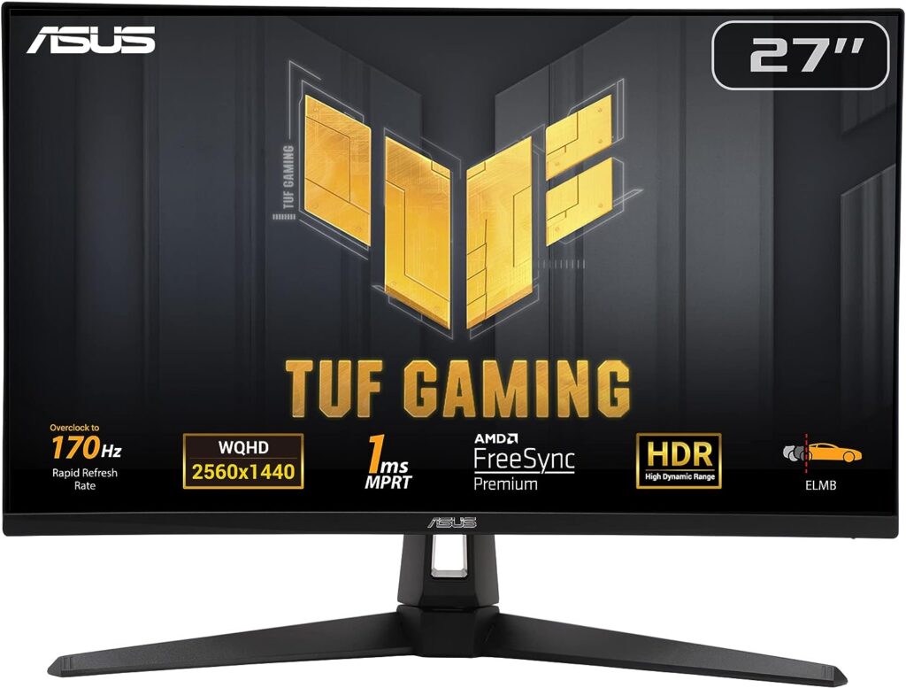 ASUS TUF Gaming 27” 1440P Monitor (VG27AQA1A) - QHD (2560 x 1440), 170Hz (Supports 144Hz), 1ms, Extreme Low Motion Blur, Freesync Premium, Eye Care, HDMI, DisplayPort, Shadow Boost, Speakers, HDR