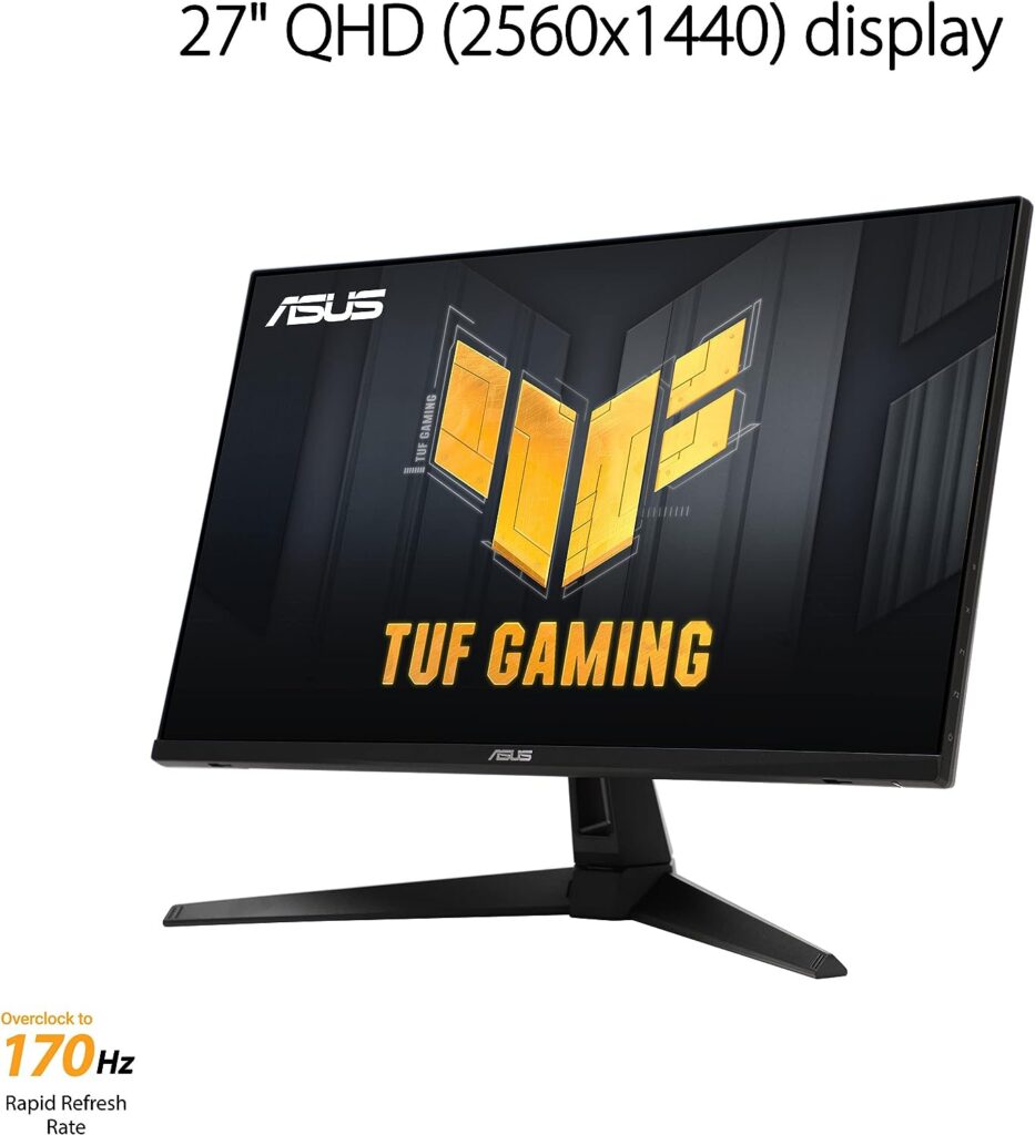 ASUS TUF Gaming 27” 1440P Monitor (VG27AQA1A) - QHD (2560 x 1440), 170Hz (Supports 144Hz), 1ms, Extreme Low Motion Blur, Freesync Premium, Eye Care, HDMI, DisplayPort, Shadow Boost, Speakers, HDR