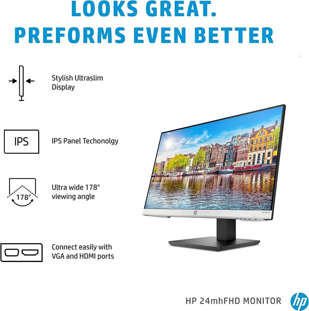 HP 24mh FHD Monitor - Computer Monitor with 23.8-Inch IPS Display (1080p) - Built-In Speakers and VESA Mounting - Height/Tilt Adjustment for Ergonomic Viewing - HDMI and DisplayPort - (1D0J9AA#ABA)