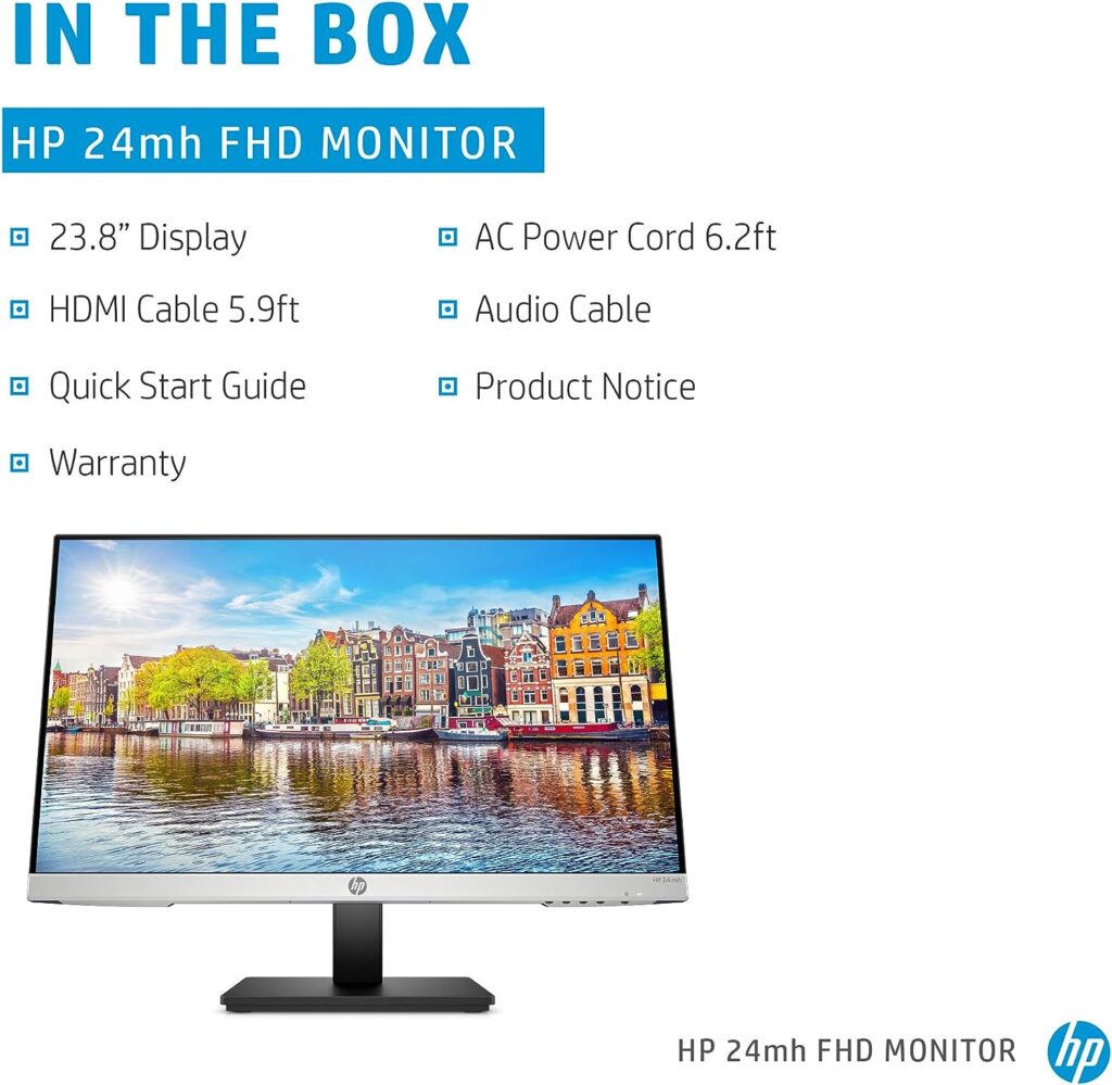 HP 24mh FHD Monitor - Computer Monitor with 23.8-Inch IPS Display (1080p) - Built-In Speakers and VESA Mounting - Height/Tilt Adjustment for Ergonomic Viewing - HDMI and DisplayPort - (1D0J9AA#ABA)