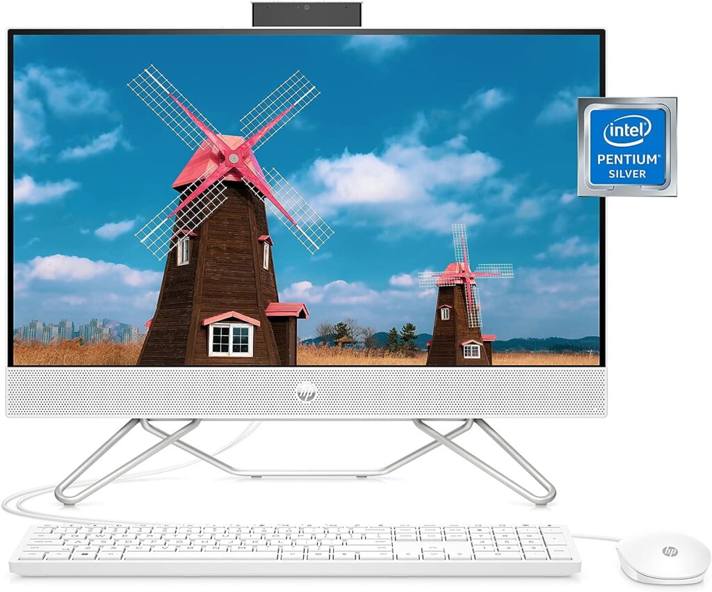 HP All-in-One Bundle PC, Intel Pentium Silver Processor, Intel UHD Graphics 605, 8 GB SDRAM, 256 GB PCIe SSD, Full HD Display, Windows 11 Home OS, Dual Computer Speakers, Wi-Fi (24-cb0120, 2022)