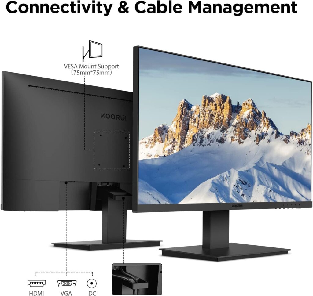 KOORUI 24 Full HD IPS Monitor, Computer Monitors 75Hz, 5ms, 1080P, 3-Sided Frameless, Ultra Slim Design, HDMI, VGA, VESA Compatible, Eye Care