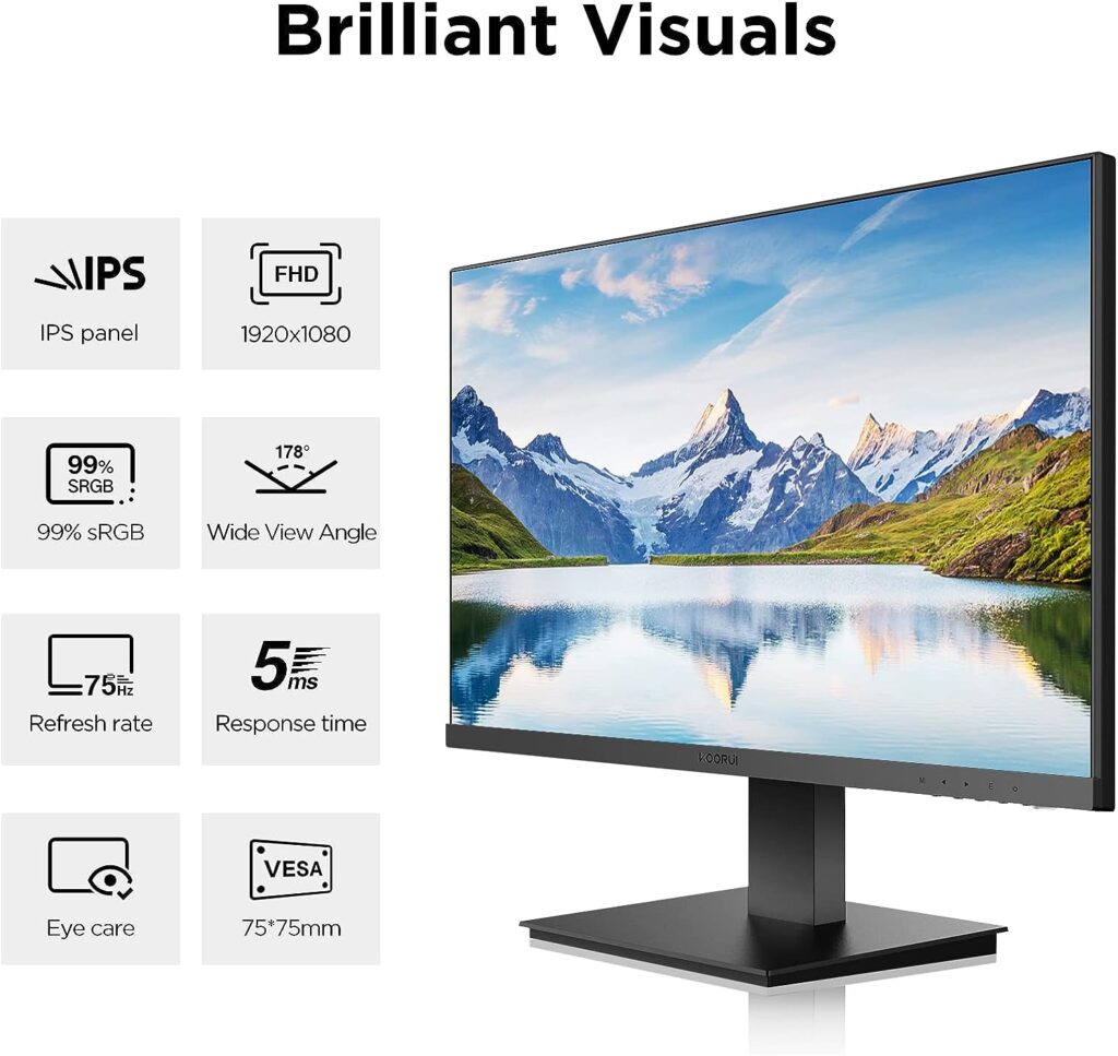 KOORUI 24 Full HD IPS Monitor, Computer Monitors 75Hz, 5ms, 1080P, 3-Sided Frameless, Ultra Slim Design, HDMI, VGA, VESA Compatible, Eye Care