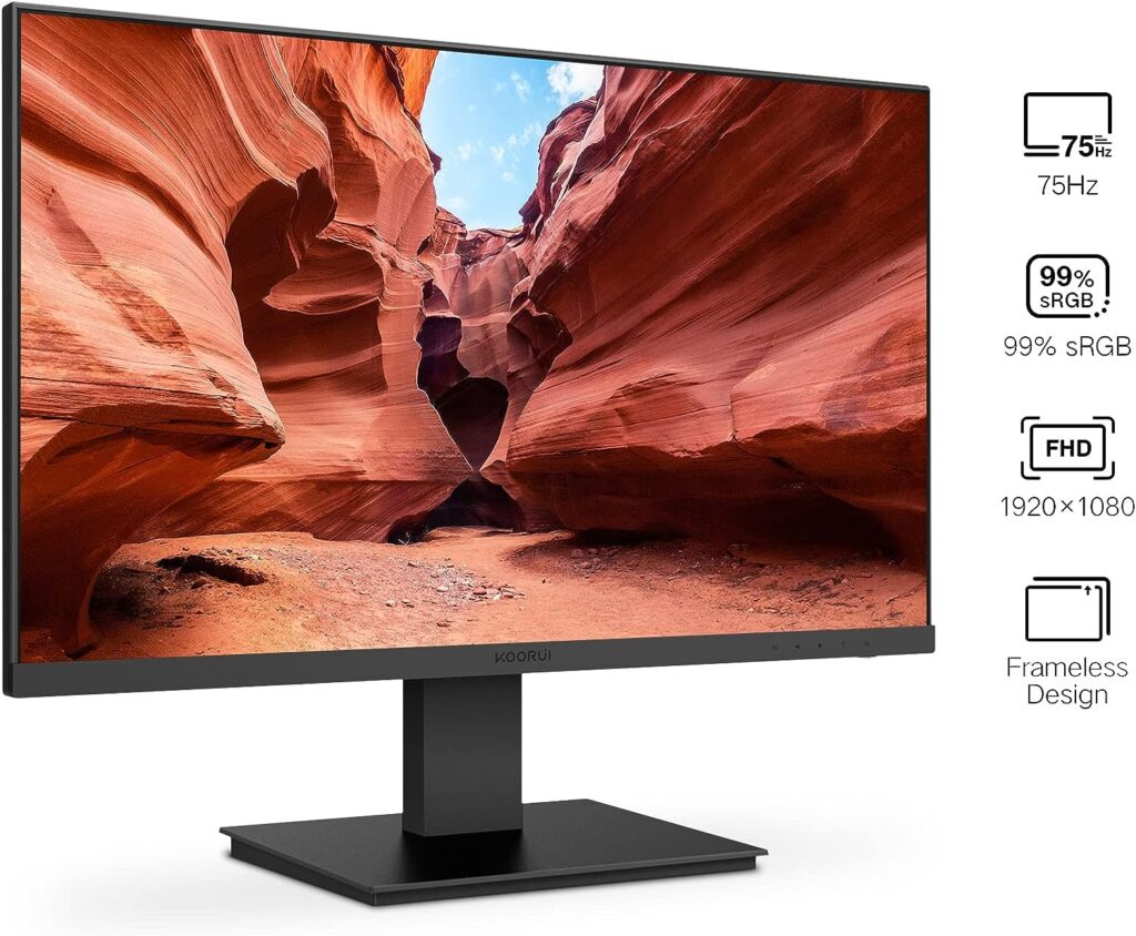 KOORUI 24 Inch Computer Monitor Full HD 1920 x 1080p VA Display 75Hz 3000:1 Contrast Ratio with HDMI, VGA, Frameless, 75 x 75 mm VESA Mountable, Ergonomic Tilt, Black