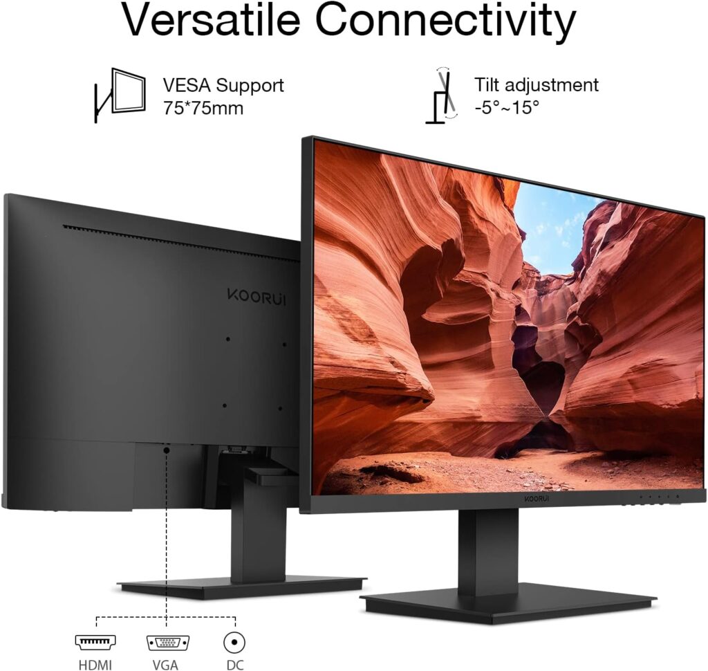 KOORUI 24 Inch Computer Monitor Full HD 1920 x 1080p VA Display 75Hz 3000:1 Contrast Ratio with HDMI, VGA, Frameless, 75 x 75 mm VESA Mountable, Ergonomic Tilt, Black