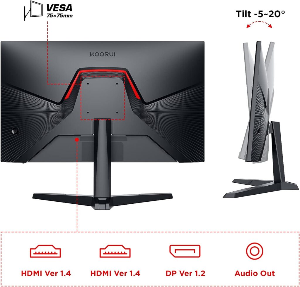 KOORUI 24 Inch Gaming Monitor, 165Hz IPS 1080p 1ms Adaptive Sync, Frameless, HDMI, DisplayPort, Tilt Adjustable, Eye Care, VESA Wall Mount， Black