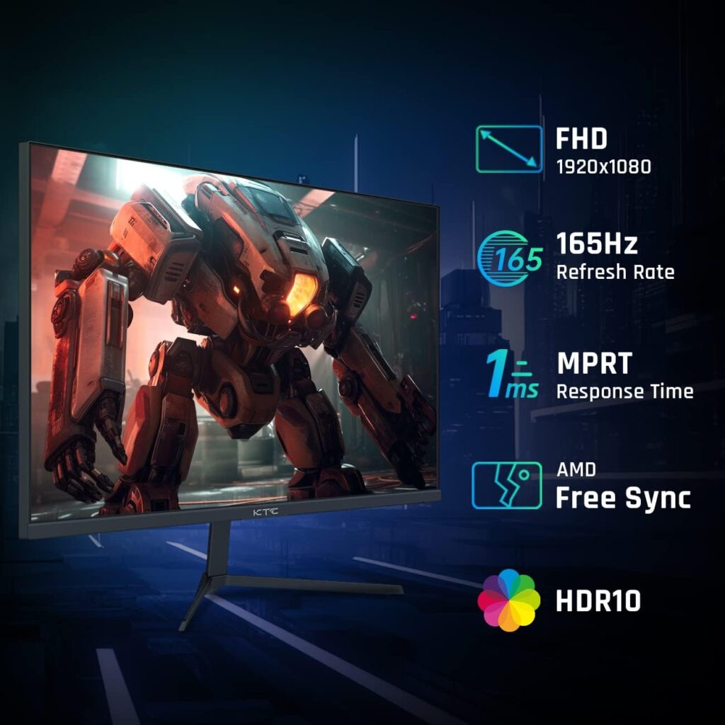 KTC 24 Inch Gaming Monitor FHD 1080P Fast IPS 165Hz, 125% sRGB 1ms HDR Zero-Frame Computer Monitor, HDMI 2.0x2, DisplayPort 1.4x2, FreeSync  G-Sync, Tilt, VESA Compatible, Eye Care, Black, H24T09P