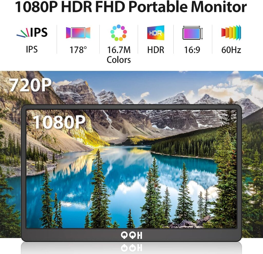 Portable Monitor, QQH 15.6 Portable Travel Monitor for Laptop 1080P FHD IPS Second Screen, Gaming Monitor, USB C HDMI External Monitor Display for Computer Phone PC MAC PS4 Switch, Foldable Kickstand