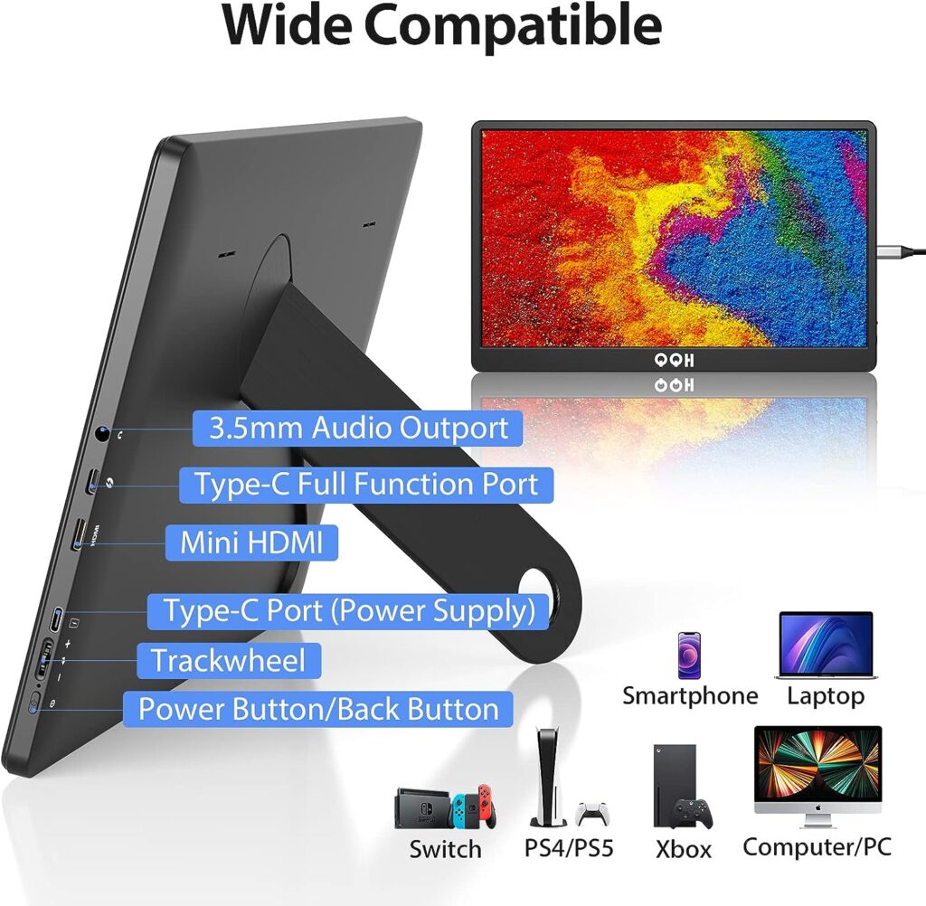 Portable Monitor, QQH 15.6 Portable Travel Monitor for Laptop 1080P FHD IPS Second Screen, Gaming Monitor, USB C HDMI External Monitor Display for Computer Phone PC MAC PS4 Switch, Foldable Kickstand