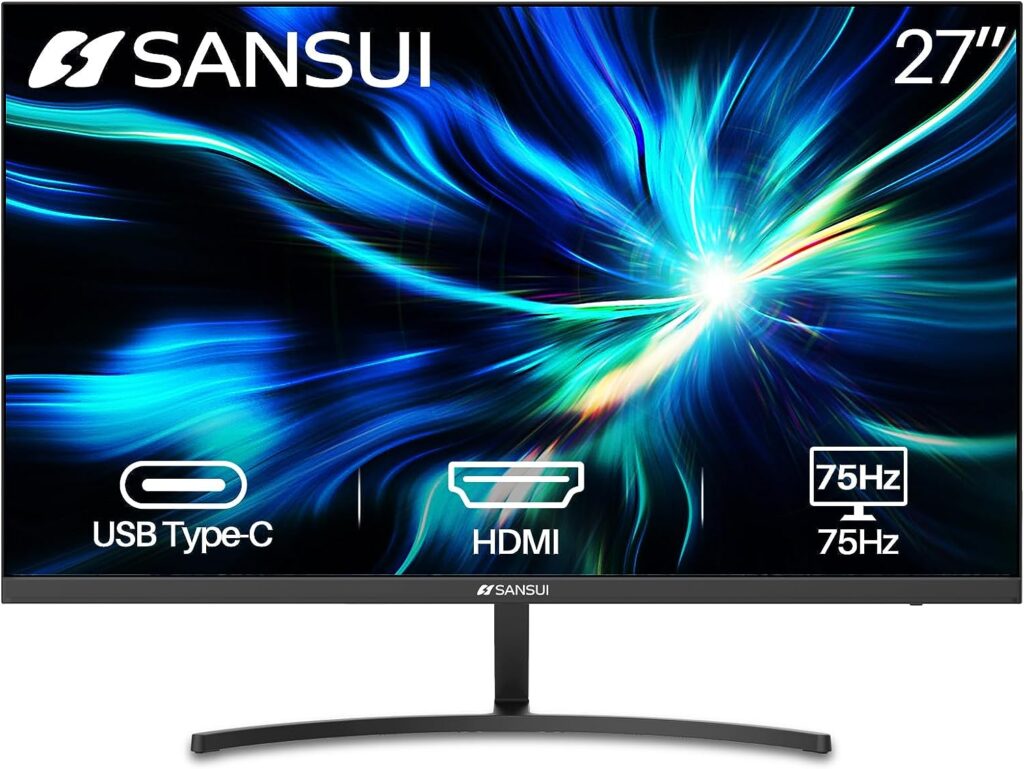 SANSUI Monitor 27 inch FHD 1080p 75Hz USB Type-C Computer Monitor HDMI VGA Built-in Speakers Headphone Eye Care VESA Compatible for Home Office(ES-27F1 Type-C Cable  HDMI Cable Included)