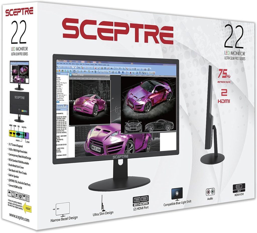 Sceptre 22 inch 75Hz 1080P LED Monitor 99% sRGB HDMI X2 VGA Build-In Speakers, Machine Black (E225W-19203R series)