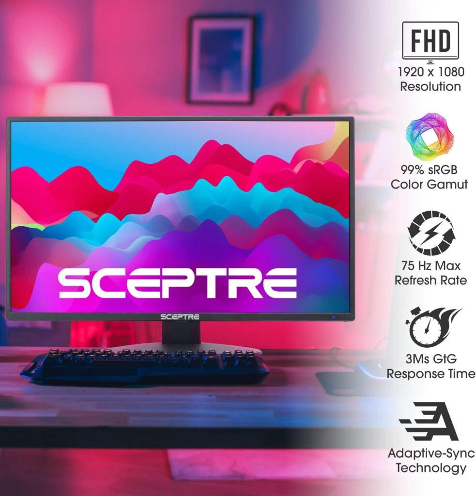 Sceptre 22 inch 75Hz 1080P LED Monitor 99% sRGB HDMI X2 VGA Build-In Speakers, Machine Black (E225W-19203R series)