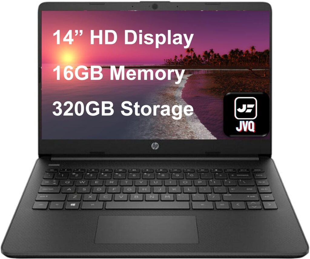 HP Stream14 Laptop, 14 HD Display, Intel Celeron N4120 Processor, 16GB Memory, 320GB Storage (64GB eMMC + 256GB USB), 1-Year Office 365,Wi-Fi, Type-C, Webcam, HDMI, Windows 11 Home, Jet Black, JVQ MP