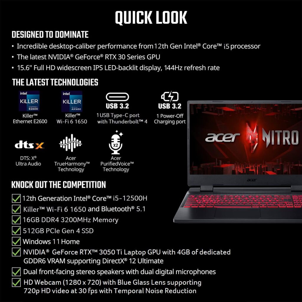 Acer Nitro V Gaming Laptop | Intel Core i5-13420H Processor | NVIDIA GeForce RTX 4050 Laptop GPU | 15.6 FHD IPS 144Hz Display | 8GB DDR5 | 512GB Gen 4 SSD | WiFi 6 | Backlit KB | ANV15-51-51H9