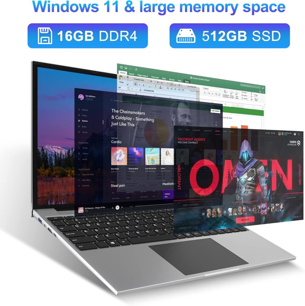 jumper 16 Inch Laptop, 16GB RAM 512GB SSD, 4-Core Celeron N5095, FHD IPS 1920x1200 Screen, Windows 11 Laptops Computer with 4 Stereo Speakers, USB3.0, WiFi-5, Webcam, HDMI.